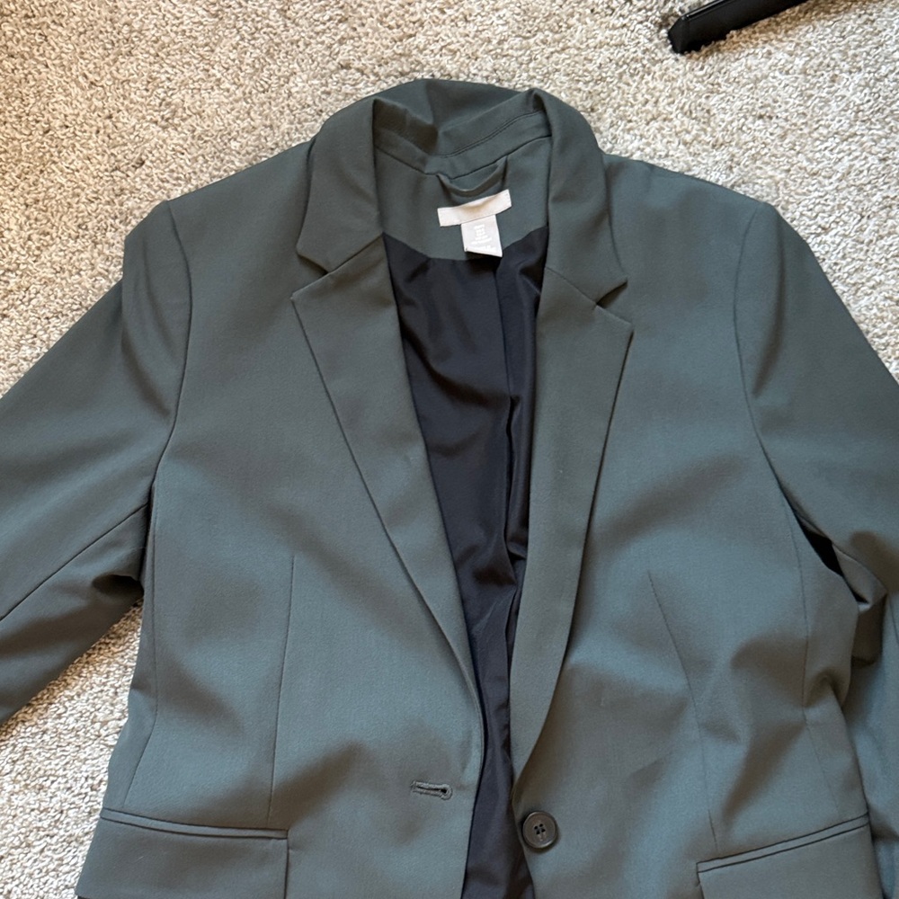 H&M Classic Oversized Single-Button Blazer in Slate Green with Matching Trousers
